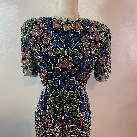 Vintage Nite Line Silk Sequins Short Sleeve Dress Women's Size 8 - Picture 2 of 5